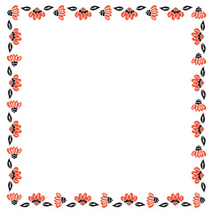 Square isolated frame of black and red abstract flowers in Scandinavian style on a white background. Vector.