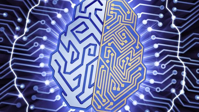 Cybernetic Brain Intro. Emblem of a cybernetic brain in form of a processor unit moving to center of electronic circuit board. 3D animation / motion graphics on the subject of Artificial Intelligence.