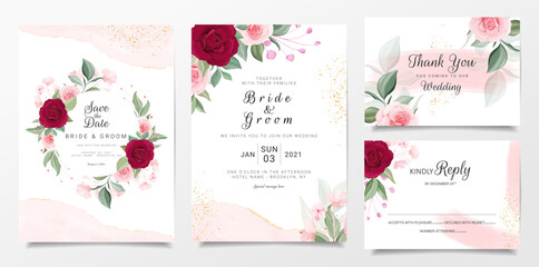 Fototapeta na wymiar Floral wedding invitation card template set with burgundy and peach rose flowers and watercolor background. Cards with floral and glitter for save the date, invitation, greeting card vector