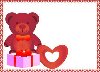 Cute greeting card with heart, gift and bear. The frame of the little orange hearts. Happy Valentine's day.