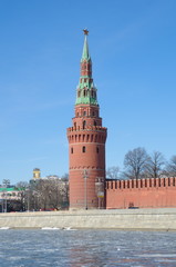 Vodovzvodnaya tower of the Moscow Kremlin in spring Sunny day. Moscow, Russia