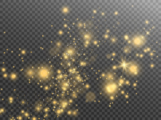 Gold sparks glitter special light effect. Vector sparkles on transparent background. Christmas abstract pattern. Sparkling magic dust particle	