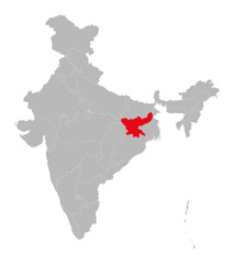 Jharkhand state highlighted red on indian map vector. Light gray background. Perfect for business concepts, backdrop, backgrounds, label, sticker, chart etc.
