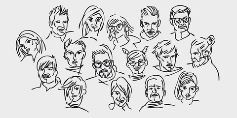 Fototapeta premium Group of people. Lots of different avatars. Portraits of men and women. Black and white flat people character design. Line graphics. vector