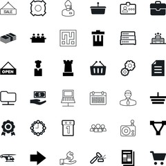 business vector icon set such as: financial, worker, trolley, hotline, clock, case, garbage, gears, employee, sea, industrial, wheel, rescue, flight, open, secretary, offer, solution, salary