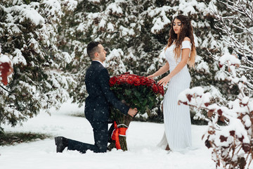A man stands on one knee in front of a girl with a large bouquet of roses.Love in Valentine's Day. Man makes an offer of hands and hearts to girl.  Valentine's Day celebration in cold winter weather.