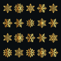 Winter Collection Snowflake Icon Vector Design, Christmas Holiday Winter Set of snowflake Logo Design. Gold Snowflake Vector Bundle with black Background.