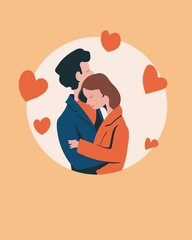  Loving couple, girl and guy cuddling against the background of hearts. Valentine's Day. Flat vector illustration.