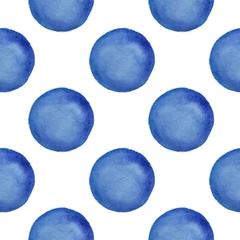 Tapeten Handgezeichnete Aquarell nahtlose Tupfenhintergrund. Blaue Kreise auf weißem Hintergrund. Die Illustration ist für Stoff und Verpackung geeignet. Modische, modische Farbe 2020: klassisches Blau. © ylyastik