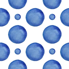 Tapeten Handgezeichnete Aquarell nahtlose Tupfenhintergrund. Blaue Kreise auf weißem Hintergrund. Die Illustration ist für Stoff und Verpackung geeignet. Modische, modische Farbe 2020: klassisches Blau. © ylyastik