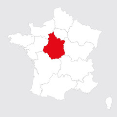 Center val de loire province highlighted red on france map. Gray background.