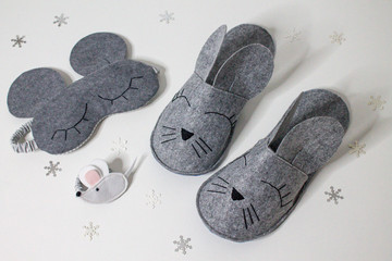 DIY gift for the new year, slippers of a mouse, elastic band for hair, mask for sleeping. Symbol of 2020.