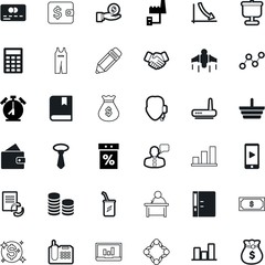 business vector icon set such as: operator, help, row, supermarket, debit, loss, shipping, idea, timer, flying, smart, funny, headset, handle, learning, pen, wear, calendar, access, poster, binder