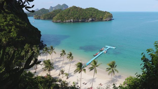 Aerial Shot of Exotic Island Thailand Marine Park. Panoramic Archipelago in the Turquoise Gulf. Ang Thong Idyllic Nature Scenery. Birds Eye View of Asian Paradise. Footage Shot in Slow Motion 4K