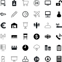 business vector icon set such as: conference, antenna, pc, film, knowledge, can, digital, active, identification, occupation, online, container, workplace, citizen, alarm, bill, staple, wardrobe