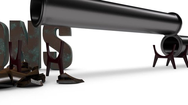 3D animation of the pipeline construction for gas transit from Russia to Europe, the EEC countries, and the destruction of the gas pipeline with the metal text "sanctions". The idea of an economic and