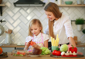 Mother teaches her child daughter how to cook in kitchen, parenthood and healthy lifestyle, nutrition