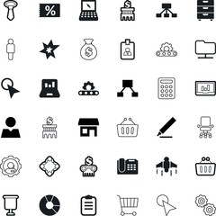 business vector icon set such as: identity, paperwork, client, trolley, cart, neck, table, movie, art, filing, pen, chair, formal, mechanism, form, film, shine, folders, ticket, war, price, access