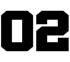 02,Classic Vintage Sport Jersey Number, Uniform numbers in black as fat fonts, number. For American football, baseball or basketball and ice Hockey.