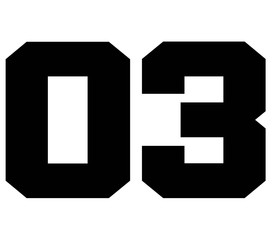 03,Classic Vintage Sport Jersey Number, Uniform numbers in black as fat fonts, number. For American football, baseball or basketball and ice Hockey.