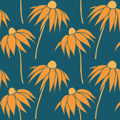 Fototapeta na wymiar Fantasy floral hand drawn seamless pattern. Orange flowers on blue background. Good for fabric, textile, wrapping paper, wallpaper, kitchen and bedroom design, packaging, paper, print, etc.