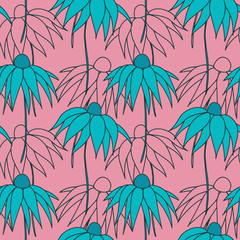 Fantasy floral hand drawn seamless pattern. Line flowers on pink background. Good for fabric, textile, wrapping paper, wallpaper, kitchen and bedroom design, packaging, paper, print, etc.