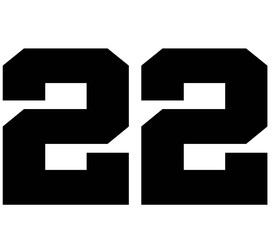 22,Classic Vintage Sport Jersey Number, Uniform numbers in black as fat fonts, number. For American football, baseball or basketball and ice Hockey.