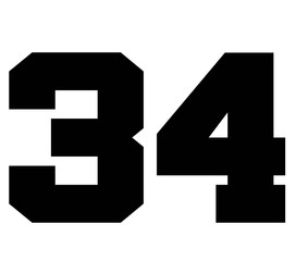 34,Classic Vintage Sport Jersey Number, Uniform numbers in black as fat fonts, number. For American football, baseball or basketball and ice Hockey.