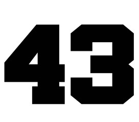 43,Classic Vintage Sport Jersey Number, Uniform numbers in black as fat fonts, number. For American football, baseball or basketball and ice Hockey.