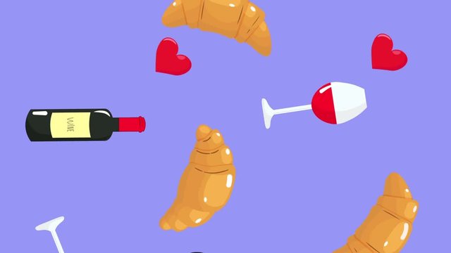 Bright cartoon animation of falling wine bottle and glass, croissants. Minimal motion art. Food background.