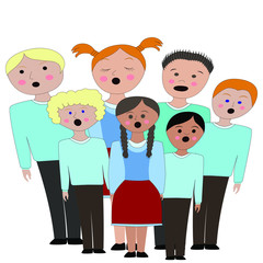 Children's choir . Lesson of choral singing in children. Children sing all together.