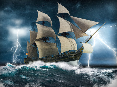 Sailing ship struggling in a heavy storm with lightning © ratpack223