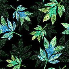 Cannabis leaves seamless pattern on a black background. Design for fabrics, packaging, textiles, wallpaper, textures, prints. 