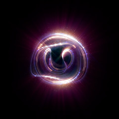 3D Atom icon. Luminous nuclear model on dark background. Glowing energy balls. Molecule structure. Trace atoms and electrons..Physics concept. Microscopic forms. Nuclear reaction element. Neutron.