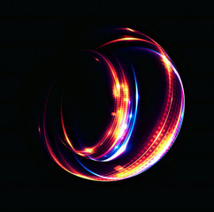 3D Atom icon. Luminous nuclear model on dark background. Glowing energy balls. Molecule structure. Trace atoms and electrons..Physics concept. Microscopic forms. Nuclear reaction element. Neutron.