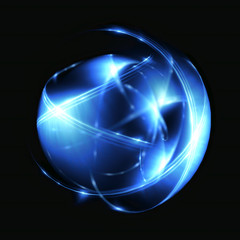 3D Atom icon. Luminous nuclear model on dark background. Glowing energy balls. Molecule structure. Trace atoms and electrons..Physics concept. Microscopic forms. Nuclear reaction element. Neutron.