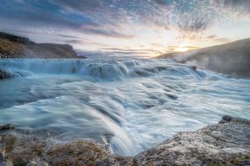Gullfoss waterfall at sunrise is the biggest waterfall in Iceland