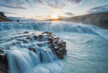 Gullfoss waterfall at sunrise is the biggest waterfall in Iceland