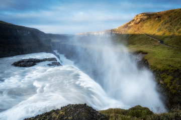 Gullfoss waterfall at sunrise is the biggest waterfall in Iceland