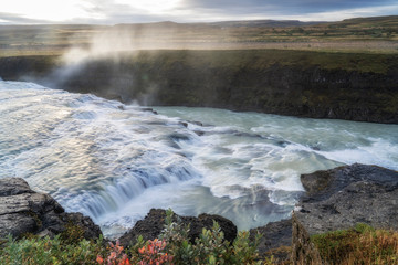 Gullfoss waterfall at sunrise is the biggest waterfall in Iceland
