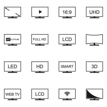 Vector tv icon set on white background, Isolated silhouettes television in flat style.
