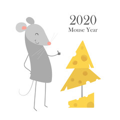 Symbol of chinese new year 2020. Lunar horoscope sign. Funny happy smiling mouse with Christmas tree made of cheese. Vector illustration isolated on white. Banner, poster concept. Calendar template