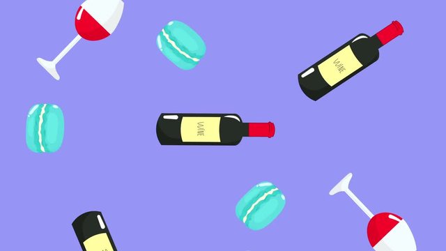 Bright cartoon animation of falling wine, macaroons. Minimal motion art. Food background.