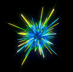 Fototapeta premium 3D Atom icon. Luminous nuclear model on dark background. .Glowing energy balls. Molecule structure. Trace atoms and electrons..Physics concept. Microscopic forms. Nuclear reaction element. Neutron.