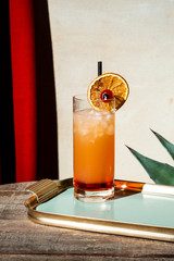 Tequila Sunrise and agave leaves, a cocktail with real orange juice., tequila, grenadine, garnished with candy cherry and charred orange