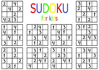 Sudoku set for kids and adults. Simple sudoku puzzle collection for beginners. Set 12. Printable handout for logic education of ten sudoku four by four. One of a series.