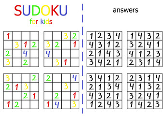 Sudoku puzzle for kids. Simple sudoku riddle for begginers with answers. Logical math game for fun.