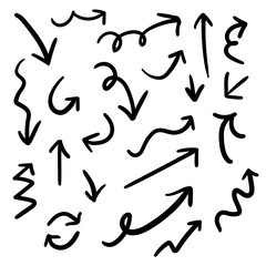 Vector hand drawn arrows set. Doodle pencil curve arrows. Hand painted black sketch clipart arrow elements isolated on white. Design for cards, stickers and web. Stock vector illustration.