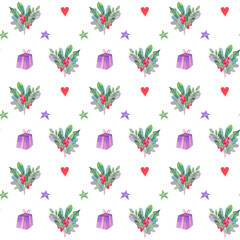 Watercolor Christmas floral and gift seamless pattern. Isolated on white background. Seamless Pattern with Christmas Symbol. Christmas and New Year background.