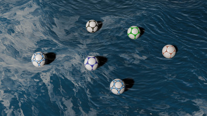Ball in Ocean Top View,Football Ball, 3D Rendering